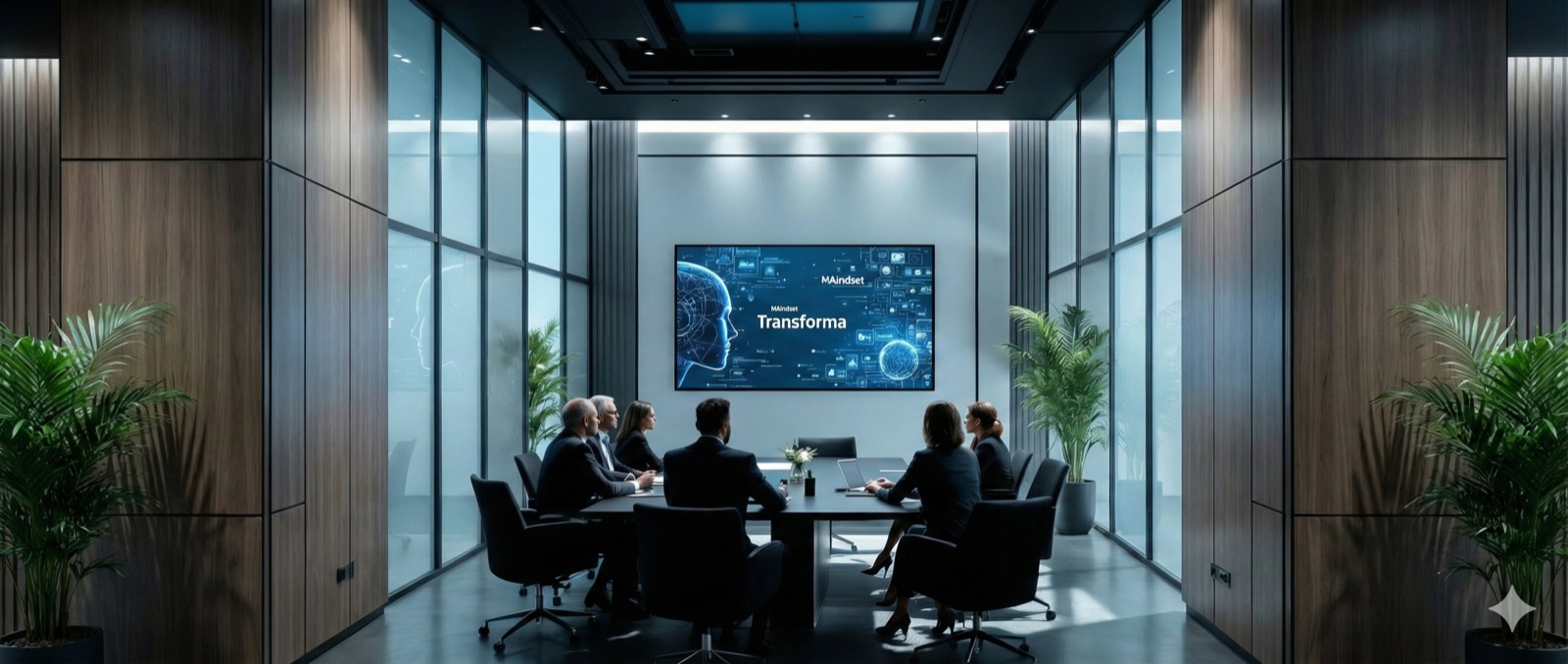 Equipo ejecutivo en sesión de estrategia de iA con MAindset